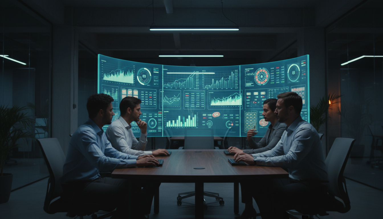 Zespół analityków sprawdzający dane na monitorach