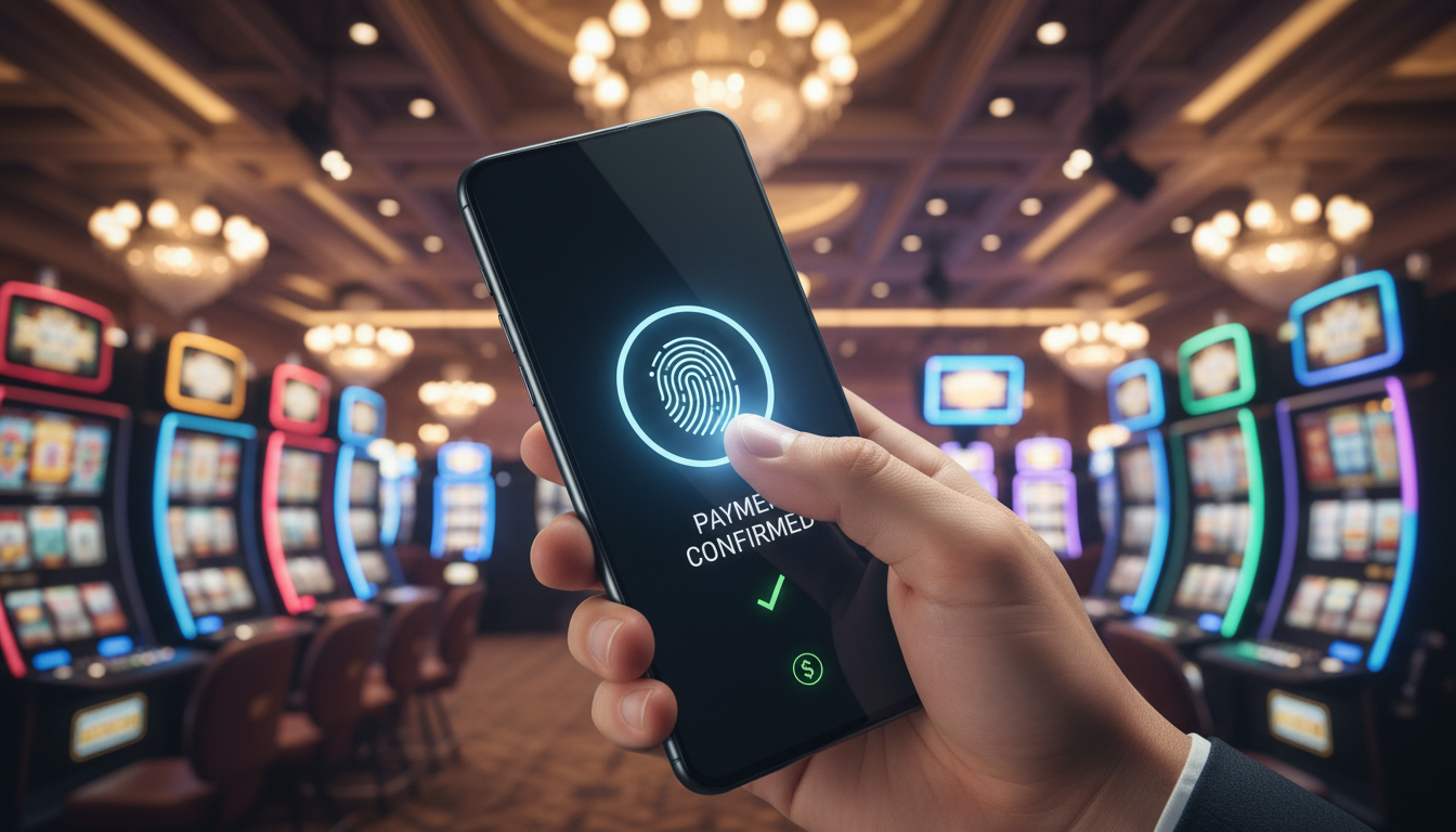 Hand holding a smartphone confirming a mobile payment with biometric fingerprint scan, luxury casino background blur