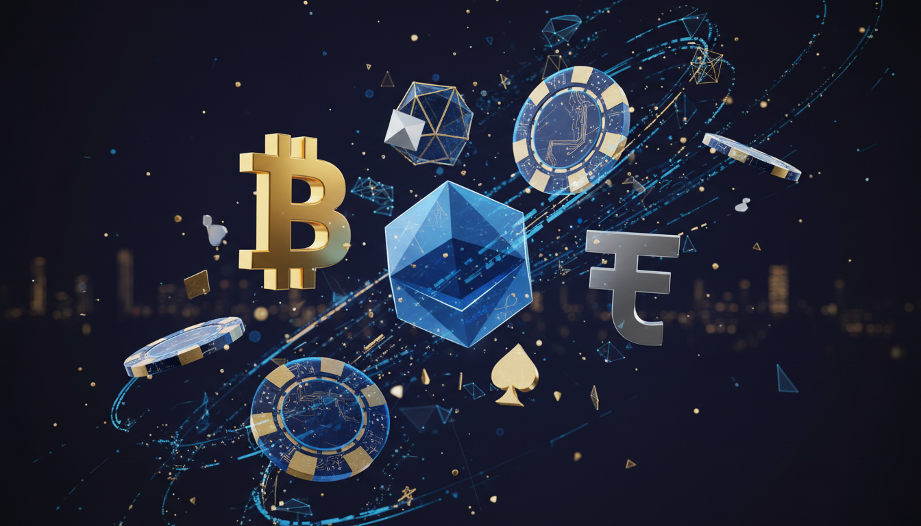 Digital visualization of cryptocurrency symbols and casino elements
