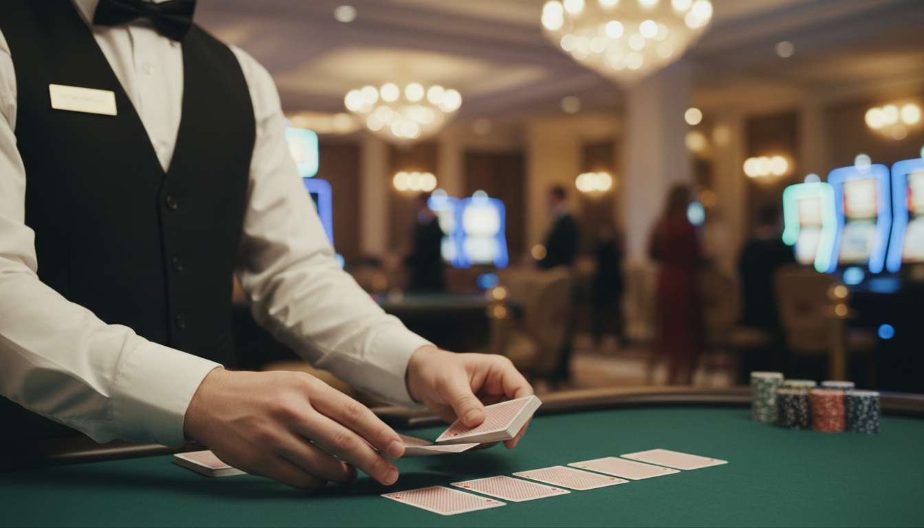 Minimalistyczne ujęcie krupiera rozdającego karty w kasynie na żywo