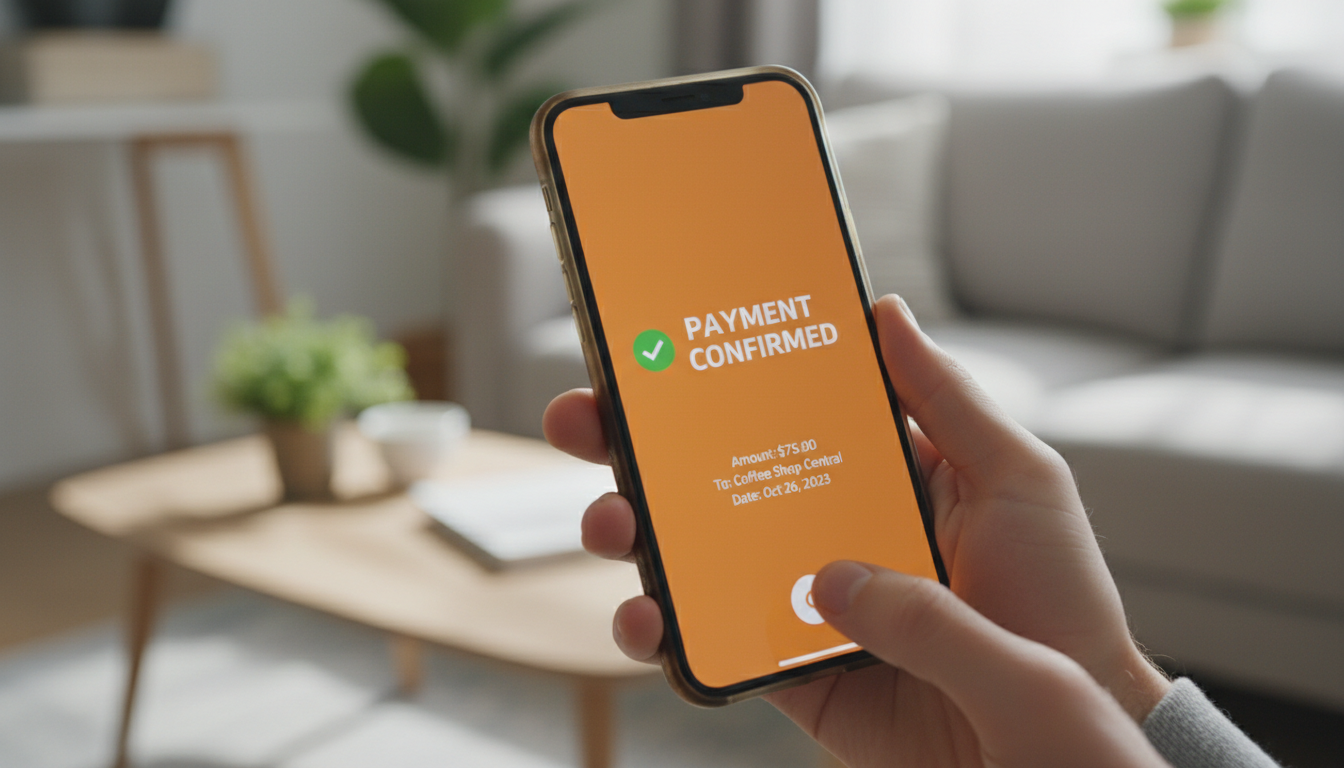 Smartphone with a payment confirmation screen on a desk