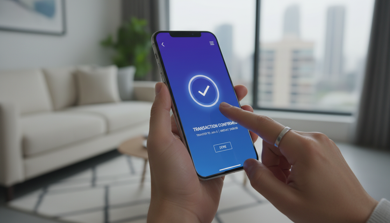 Użytkownik smartfona potwierdzający płatność w aplikacji mobilnej